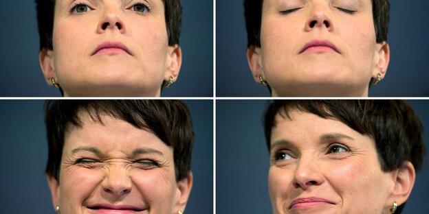 Vier Bilder von Frauke Petry mit vier verschiedenen Gesichtsausdrücken: ernst, mit geschlossenen Augen, grinsend, lächelnd.