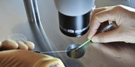 Unter einem Mikroskop wird ein Embryo auf einen Träger platziert, um ihn einzufrieren.