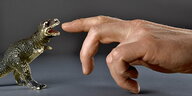 Ein Spielzeugdinosaurier mit aufgerissenem Maul steht vor einer männlichen Hand