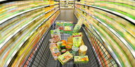 Ein Einkaufswagen mit Lebensmitteln wird durch einen Supermarkt geschoben (Aufnahme mit langer Verschlusszeit)