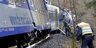 Ein verunfallter Zug in einem Waldstück. Am Gleisbett stehen Rettungskräfte und Polizei.