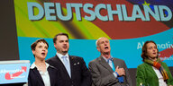 Vier Personen stehen auf einer Bühne vor der Projektion einer Deutschlandfahne. Ihre Münder sind geöffnet.